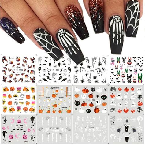 PRICES MAY VARY. Transform your nails into spooky masterpieces with our Halloween Nail Art Stickers. These water transfer decals are perfect for creating intricate designs with ease. Made from high-quality materials, our Halloween Nail Art Stickers are durable and long-lasting. They adhere to your nails seamlessly, giving you a professional-looking manicure every time. Our Nail Art Stickers feature a variety of Halloween-themed designs, including pumpkins, skulls, spider webs, and ghosts. With o Halloween Nail Decals, Skull Spider, Skull Nails, Nail Stickers Decals, Nail Art Designs Diy, Halloween Nail Designs, Halloween Nail, Foil Nails, Water Transfer