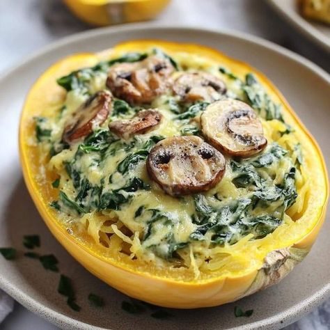 Delicious Cooking Recipes | Creamy Spinach and Mushroom Stuffed Spaghetti Squash | Facebook Seeded Bread Recipes, Stuffed Spaghetti Squash, Mushroom Stuffed, Spinach And Mushroom, Flavorful Vegetables, Spaghetti Squash Recipes, Easy Baked Chicken, Roasted Squash, Creamy Spinach