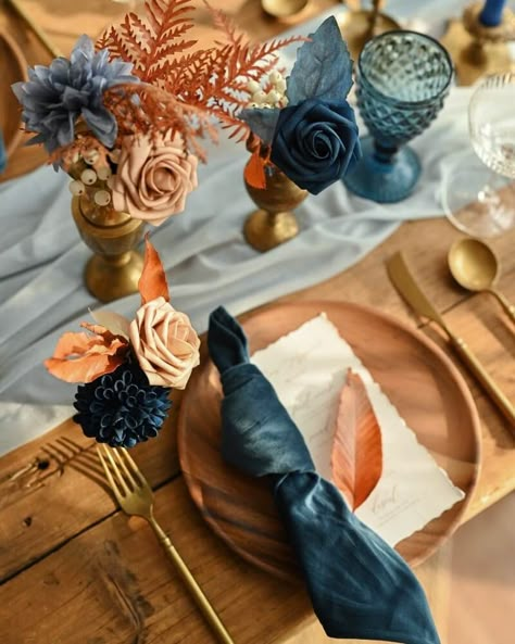 Dusty Blue Copper Wedding, Dusty Blue Wedding Theme Color Schemes, Denim Blue Wedding, Fall Wedding Desserts, Blue Color Palette Wedding, Blue Wedding Color Palette, Blue Place Settings, Blue Fall Wedding, Blue Wedding Receptions