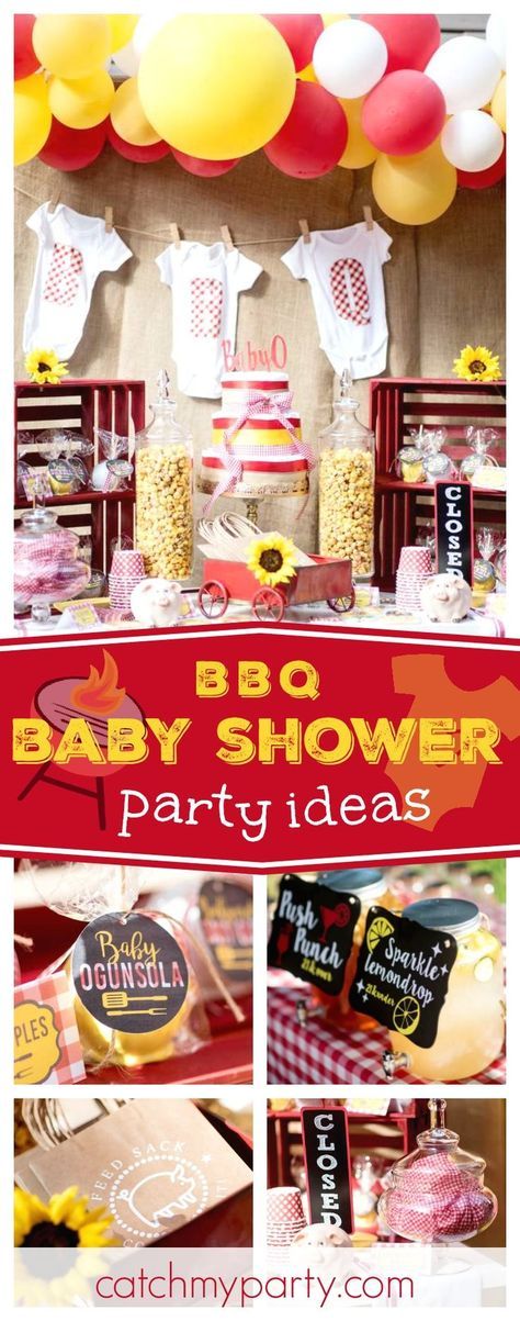 Take a look at this fantastic Backyard Baby-que Baby Shower! The onsie garland backdrop is adorable! See more party ideas and share yours at CatchMyParty.com Babyque Shower, Bbq Baby Shower Decorations, Bar Backyard, Barbecue Baby Shower, Backyard Baby Showers, Bbq Theme, Fiesta Shower, Baby Q Shower, Bbq Games