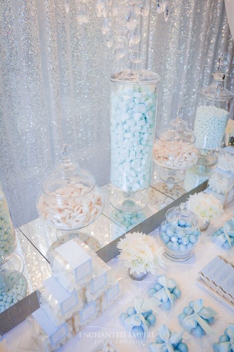 Light Blue Candy Table, Light Blue Sweet 16 Decorations, Baby Blue Sweet 16, Blue Candy Table, Light Blue Quince, Winter Quinceanera, Blue Candy Buffet, Baby Blue Quinceanera, Cinderella Quinceanera