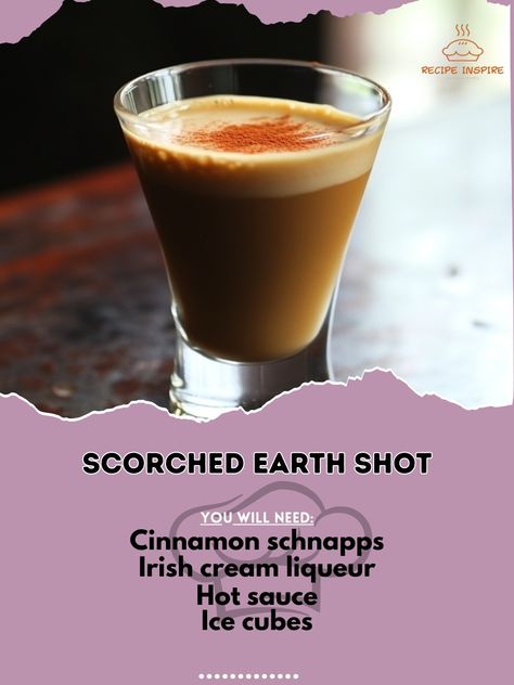 🔥🌍 Ignite the night with the Scorched Earth Shot—a fiery burst of flavor that’s sure to leave a mark! 🌶️🥃 #ScorchedEarthShot #FieryShots Scorched Earth Shot Ingredients: Cinnamon schnapps (1 oz) Irish cream liqueur (1/2 oz) Hot sauce (a few dashes) Ice cubes (as needed) Instructions: In a shot glass, pour cinnamon schnapps. Carefully layer Irish cream liqueur on top. Add a few dashes of hot sauce for an extra kick. ��🔥💥 Experience the intense flavors of the Scorched Earth Shot—where every s... Cinnamon Schnapps, Scorched Earth, Irish Cream Liqueur, Yummy Alcoholic Drinks, Cream Liqueur, Drinks Cocktails, Shot Recipes, Cocktail Drinks Recipes, Irish Cream