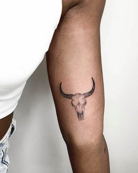 52 Gorgeous Taurus Tattoos with Meaning - Our Mindful Life Bull Skull Outline Tattoo Simple, Bull Skull Tattoo Meaning, Skull Cow Tattoo, Taurus Tattoo Outline, Bull Skull Tattoo Placement, Bullhorn Tattoo Women, Bull With Horns Tattoo, Feminine Cow Skull Tattoo, Bull Skull Finger Tattoo