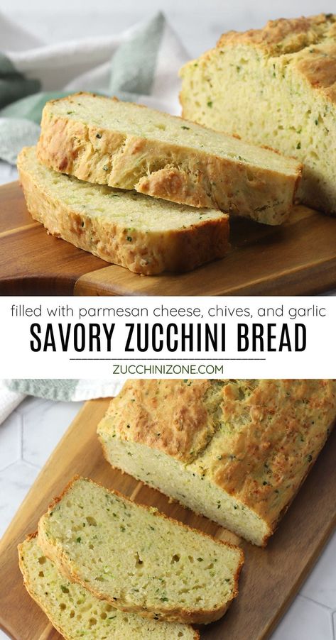 Savory zucchini bread is a tender quick bread that's packed with flavors like garlic, parmesan, and chives. It makes a great addition to a bowl of tomato soup or can be enjoyed on its own with a bit of softened butter spread on top. Simple Breads, Savory Zucchini Bread, Summer Baking Recipes, Garden Zucchini, Zucchini Side Dishes, Zone Recipes, Summer Zucchini, Knead Bread Recipe, Tasty Bread Recipe