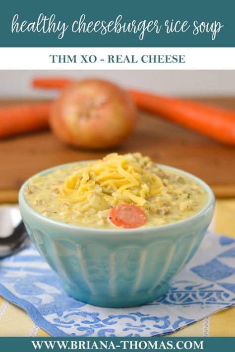 This Healthy Cheeseburger Rice Soup is a #hearty, #crowdpleasing, #cheesy #soup that I took to a #fellowshipmeal . The original recipe used copious amounts of #velveeta #cheese , but my #healthy version uses real cheese and #brownrice . Based off of a #mennonite #church #cookbook #favorite ! #Trimhealthymama #Crossover - #glutenfree - #eggfree - #nutfree option - feeds a #crowd - #healthycarbs & #healthyfats - #thm - #thmxo - #winter Thm Cheeseburger Soup, Cheeseburger Rice, Healthy Cheeseburger, Briana Thomas, Thm Dinner, Trim Healthy Recipes, Trim Healthy Mama Plan, Trim Healthy Momma, Hearty Comfort Food