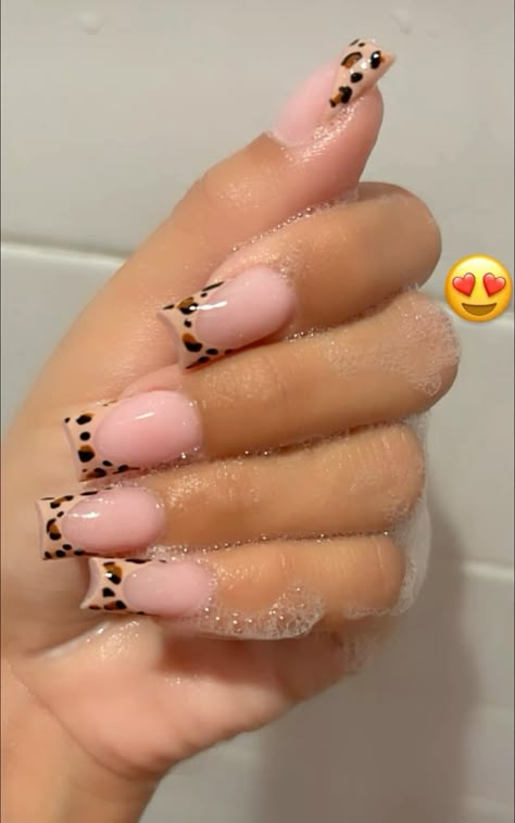 Short Acrylic Nail Designs Simple Cute French Tip, Short Unique Acrylic Nails, Pretty Almond Nails Short, Ducks Nails Design, French Tip Cow Nails, Square Duck Nails, French Tip Cheetah Print Nails, Short Acrylic Nails Cheetah Print, Pink Cheetah Nails Short