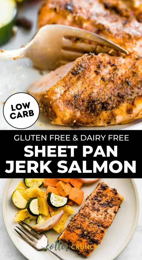 Sheet Pan Jerk Salmon is sweet, spicy, and so easy to make! Paired with veggies and baked on a sheet pan, it’s ready in about 30 minutes for a filling, nutritious, no-fuss meal. This baked jerk salmon is a healthy sheet pan dinner that's gluten free and dairy free. Low carb dinner recipes for the win! Low Carb Sheet Pan, Salmon Toppings, Healthy Sheet Pan, Jerk Salmon, Nightshade Free Recipes, Roasted Veggies In Oven, Gluten Free Entrees, Weekend Meal Prep, Calories In Vegetables