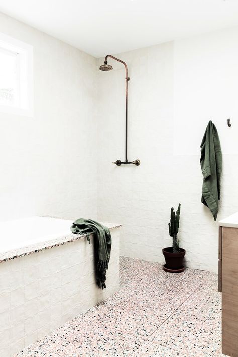 A terrazzo floor tile adds colour and texture to this all-white bathroom. *Photo:* Maree Homer | *Styling:* Kerrie-Ann Jones | *Story:* Real Living Terrazzo Bathroom, Industrial Style Bathroom, Hygge Style, Terrazzo Tile, Floor Bathroom, Terrazzo Tiles, Stunning Bathrooms, Classic Bathroom, Boho Bathroom