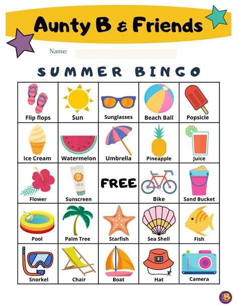 FREE Printable Summer Bingo Game for Kids. This is a fun and easy activity for children preschool and up. Enjoy and Stay Groovy! For more kid-friendly content follow us on Instagram @auntyb_ #kids #kidsactivities #preschool #kindergarten #printable #game #bingo #summer #summerbingo #summerfun Summer Bingo For Kids, Summer Bingo For Kids Free Printable, Summer Bingo Printable Free, Bingo For Kids Free Printable, Kindergarten Bingo, Community Helpers Preschool Activities, Summer Vocabulary, Summer Bingo, Bingo Games For Kids