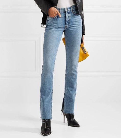 Split Flare Jeans Outfit, Split Hem Jeans Outfit With Heels, Jeans With Split Hem, Black Split Hem Jeans Outfit, Diy Split Hem Jeans, Split Hem Jeans Outfit, Split Hem Jeans, Frame Le High Flare Jeans, Ankle Jeans Outfit