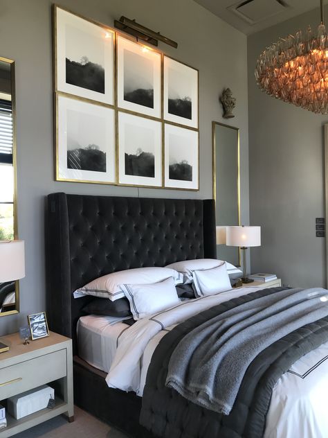 Charcoal Bed Decor, Master Bedrooms With A Couch, Small Romantic Bedroom Ideas, Black Tufted Bedroom Ideas, Gray Black And White Bedroom, Black And White Bedroom Ideas Luxury, Black And Gray Bedroom Ideas, Black Master Bedrooms Decor, Blue Black Bedroom