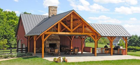 Timber Framed Pole Barn 8 Large Stone Fireplace, Outdoor Pavillion, Kitchen Barndominium, Pole Barn Ideas, Fireplace Dining, Pole Barn Home, Backyard Barn, Metal Barn Homes, Rv Garage