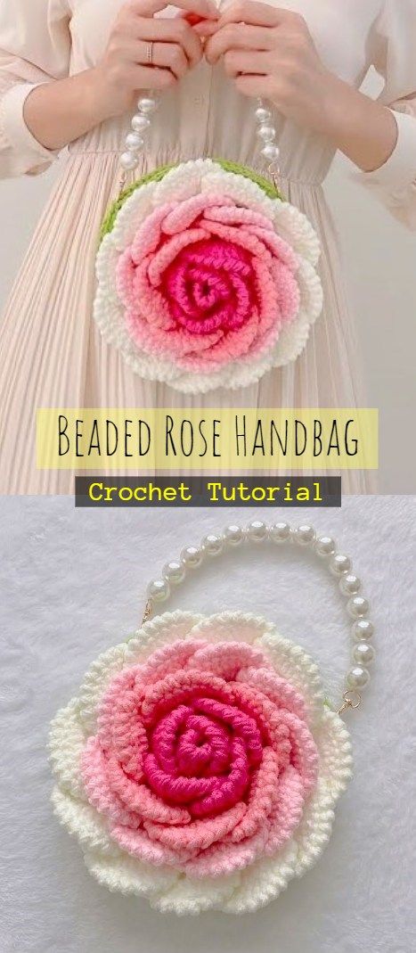 Beaded Roses Handbag Crochet Beaded Flower Pattern, Crochet Rose Purse, Crochet Rose Bag Pattern, Rose Flower Crochet, Crochet Flower Purse Free Pattern, Crochet Flower Bags, Crochet Rose Bag, Crazy Crochet Ideas, Beaded Rose