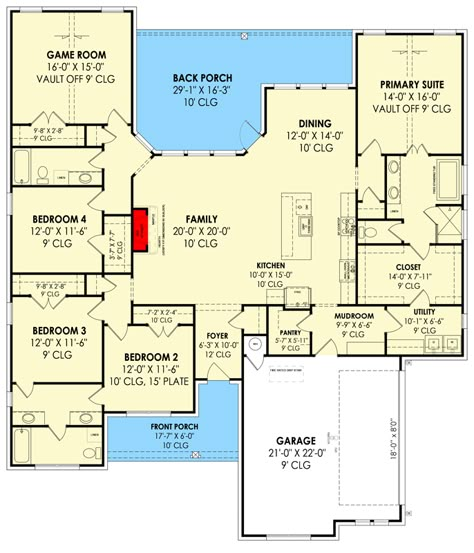 Exclusive Single-Story 4-Bedroom Farmhouse with Split-Bed Layout and Laundry Access from Primary Suite (Floor Plan) Single Story House Floor Plans, Craftsman Ranch, Primary Suite, Open Concept Layout, Plumbing Drawing, Farmhouse Plan, Family House Plans, Ranch House Plans, Custom Home Designs