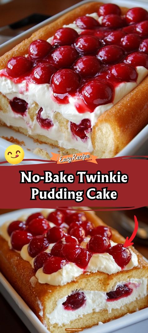 Indulge in a nostalgic treat with this No-Bake Twinkie Pudding Cake! Layers of fluffy Twinkies and creamy vanilla pudding come together for a dessert that's both fun and effortless. Perfect for when you crave something sweet without the oven fuss. #NoBakeDessert #TwinkieLove #EasyTreats Cherry Twinkie Dessert, 7 Layer Delight Dessert, Chocolate Twinkie Cake, Cake With Pie Filling Recipe, Twinky Cake Recipe, Twinkie Desserts Ideas, Recipes With Angel Food Cake, Cake With Pudding Mix In It, Natashas Kitchen Recipes Desserts