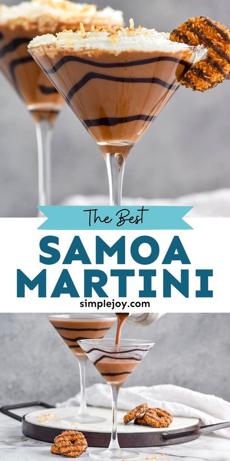 This Samoa Martini is your favorite Girl Scout cookie all grown up and turned into a cocktail. This amazing martini is dessert in a glass and can't be missed! Dessert In Martini Glasses, Cannoli Martini Recipe, Cookie Butter Martini, Smores Espresso Martini, Desert Cocktail Recipes, Dessert Alcoholic Drinks, Unique Martini Recipes, Desert Martini, Samoa Martini