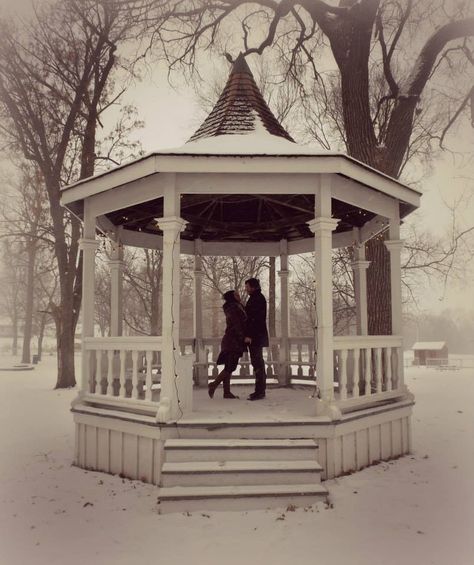 Winter wonderland engagement Gazebo Engagement Ideas, Outside Proposal Ideas, Proposal Ideas Winter, Winter Gazebo, Winter Proposal, White Gazebo, Winter Engagement, Engagement Ideas, A Dream Come True