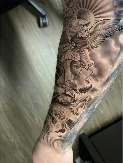 Saint Michael the Archangel Tattoo Design | Freelancer Archangel Tattoo Design, Michael The Archangel Tattoo, Archangel Michael Tattoo, St Michael Tattoo, Michael Tattoo, Archangel Tattoo, Saint Michael The Archangel, Shape Nails, Michael The Archangel