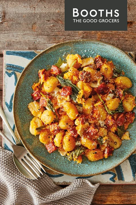 Butternut Squash, Goats' Cheese & Chorizo Gnocchi recipe from Booths Supermarket Butternut Squash Goats Cheese, Butternut Squash Chorizo Recipes, Goats Cheese Recipes, Butternut Gnocchi, Chorizo Gnocchi, Chicken Ranch Dip, Chorizo Recipes Dinner, Stuffed Buns, Benedict Arnold