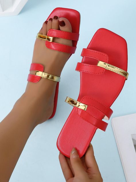 Red Funky Collar   Plain Slides Embellished   Women Shoes Red Flat Heel Sandals With Buckle Closure, Ladies Sandals Flat, Red Flat Sandals With Buckle Closure, Comfortable Non-slip Red Sandals, Elegant Red Sandals With 4-inch Heel, Adjustable Non-slip Red Sandals, Sandals Shein, Women Slippers Fashion, Leather Slippers For Men