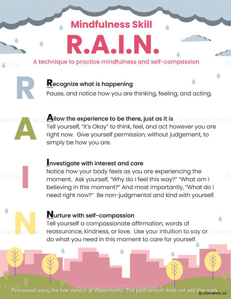 RAIN Mindfulness Technique Handout for Kids and Teens Rain Mindfulness, Therapy Space, Dbt Therapy, Mental Health Activities, Behavior Therapy, Dialectical Behavior Therapy, Mental Health Facts, Practice Mindfulness, Mental Health Therapy