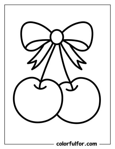 Unique Coloring Pages Free Printable, Bow Coloring Pages Aesthetic, Cherries With Bow, Cherry Fruit Drawing, Easy Coloring Book Pages, Cherry Punch Needle, Coloring Book Pages Easy, Cherry Coloring Page, Coloring Pages Coquette