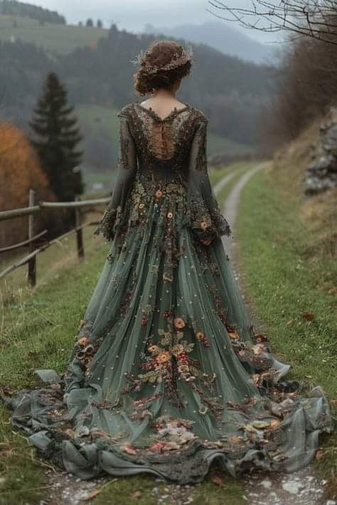 Forest Dresses Aesthetic, Fantasy Forest Dress, Woodland Fairy Princess Wedding Dress, Fairytale Wedding Dress Green, High Fae Dress, Whimsical Forest Wedding Dress, Mushroom Wedding Dress, Dark Forest Wedding Dress, Whimsical Dress Fairy Tales