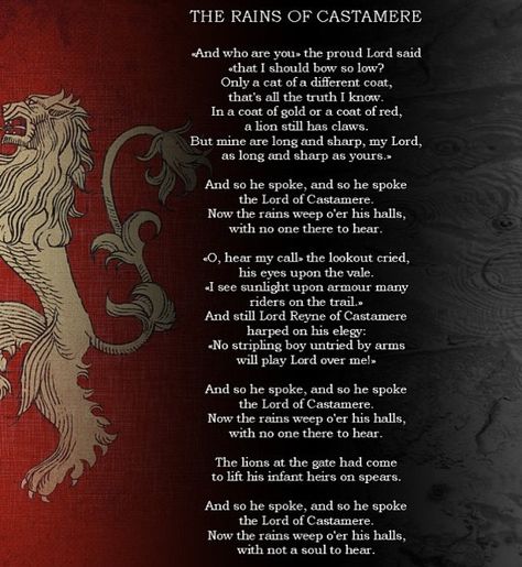 Game of Thrones, "The Rains of Castamere" Rains Of Castamere, Game Of Thrones Party, Game Of Thrones Poster, House Lannister, Valar Dohaeris, Game Of Thrones Tv, Got Game Of Thrones, Game Of Thrones Quotes, Game Of Thrones Funny