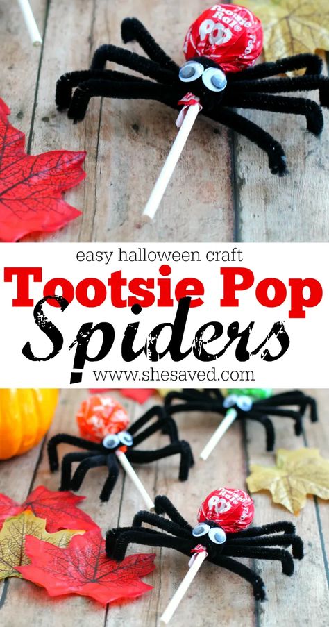 Lollipop Spiders Pipe Cleaners, Spiders Craft, Silly Crafts, Easy Halloween Craft, Spider Craft, Tootsie Roll Pops, Halloween Arts, Classroom Halloween Party, Halloween Decorations For Kids