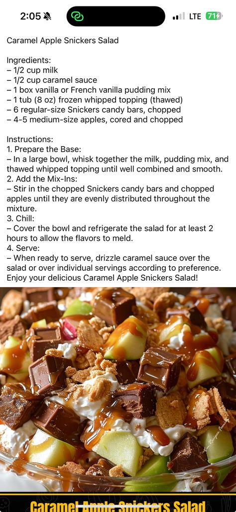 Caramel apple snickers salad Snicker Caramel Apple Salad Recipe, Carmel Snicker Apple Salad, Carmel Apple Snicker Salad Cool Whip, Snickers Apple Salad With Cream Cheese, Caramel Apple Snickers Salad, Snicker Apple Salad With Cream Cheese, Apple Snicker Salad Recipe, Snicker Apple Salad Recipe, Snicker Salad Recipe