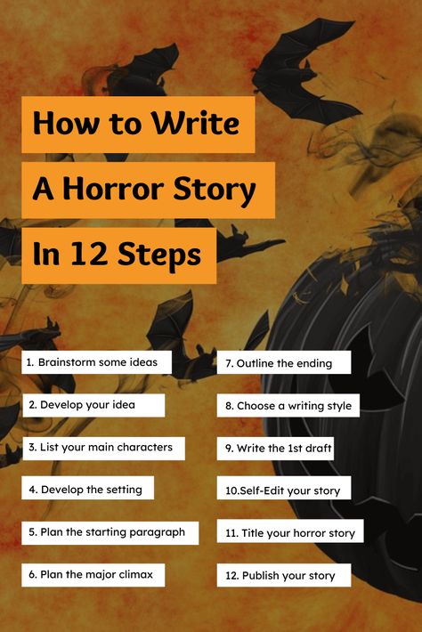 Learn how to write a horror story in 12 easy steps with examples. From planning your idea to publishing your horror story online. Horror Plot Ideas, Horror Story Character Ideas, Steps To Writing A Story, Horror Story Tips, Horror Book Ideas, Story Ideas Horror, Mystery Story, Horror Book Inspiration, Horror Story Inspiration