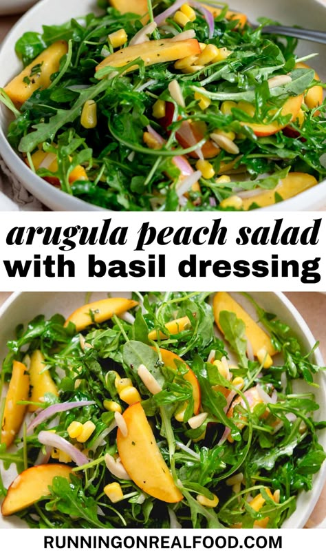 This Arugula Peach Salad is a refreshing ode to summer!  Sweet and juicy peaches pair perfectly with peppery arugula, creating a delightful contrast in textures and flavors.  A bright and zesty dressing ties it all together, making it the perfect light lunch, side dish, or appetizer. Peach Side Dish, Arugula Lunch Recipes, Arugula Salad With Apples, Arugula Nectarine Salad, Salad With Fresh Corn, Arugula Salad With Peaches, Salad With Basil Dressing, Light Summer Dinner Recipes, Peach Arugula Salad