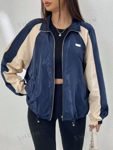 SHEIN EZwear Spring Colorblock Raglan Sleeve Drawstring Hem Zip Up Windbreaker Jacket | SHEIN USA Windbreaker Outfit, Zip Up Windbreaker, Windbreaker Jacket Women, Navy Blue Jacket, Oversized Jacket, Women's Jackets, Jackets Online, Jacket Sale, Outfits Casuales