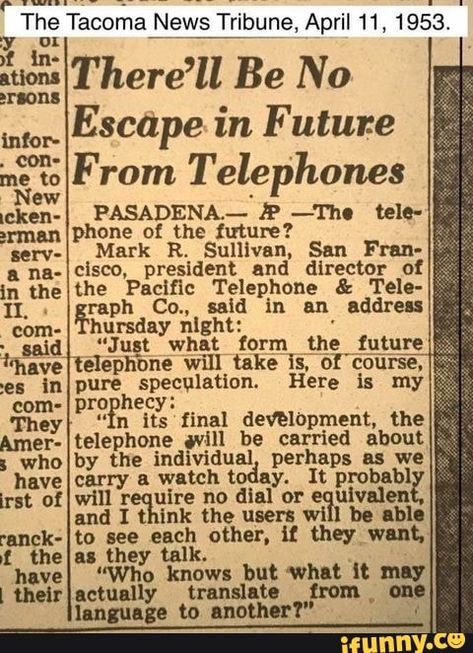 Found on iFunny Apps Facebook, No Escape, Newspaper Headlines, Newspaper Article, Old Newspaper, April 11, Telephones, Vintage Ads, Time Travel