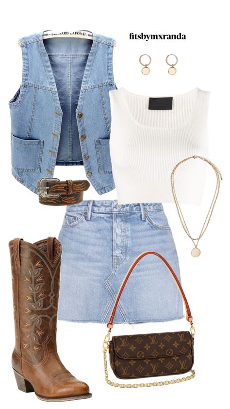 NASHVILLE OOTD #outfitinspo #nashville #denim Nashville Outfits Brown Boots, Nashville Outfits Aesthetic, Denim Nashville Outfit, Flatland Cavalry Concert Outfit, Cowboy Theme Outfit Woman, Western Denim Outfit, Most Wanted Tour Outfits, Nashville Tennessee Outfits Summer, 90s Country Outfit