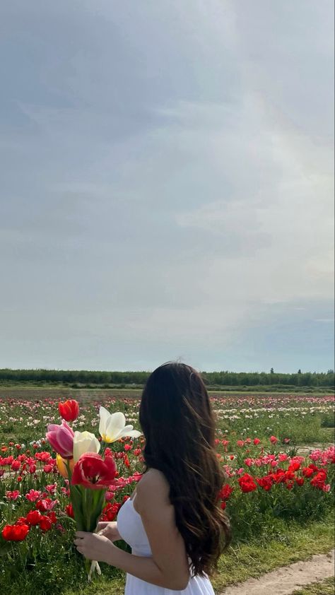 Tulip Picking Aesthetic, Tulip Garden Poses, Tulip Field Photo Ideas, Poses For Tulip Garden, Tulip Farm Poses, Tulip Instagram Picture, Flower Farm Poses, Tulip Festival Photoshoot Outfit, Tulip Pictures Photography