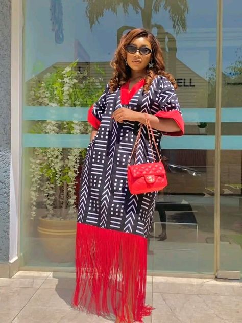 Adire Bubu With Fringe, Stylish Bubu Gown, Kampala Dress Styles For Ladies, Kampala Gown Styles For Ladies 2023, Latest Kampala Styles For Ladies 2023, Rich Auntie Vibes Outfit, Latest Kampala Bubu Gown Style, Bubu Gown With Ankara, Kampala Gown Styles For Women In Nigeria