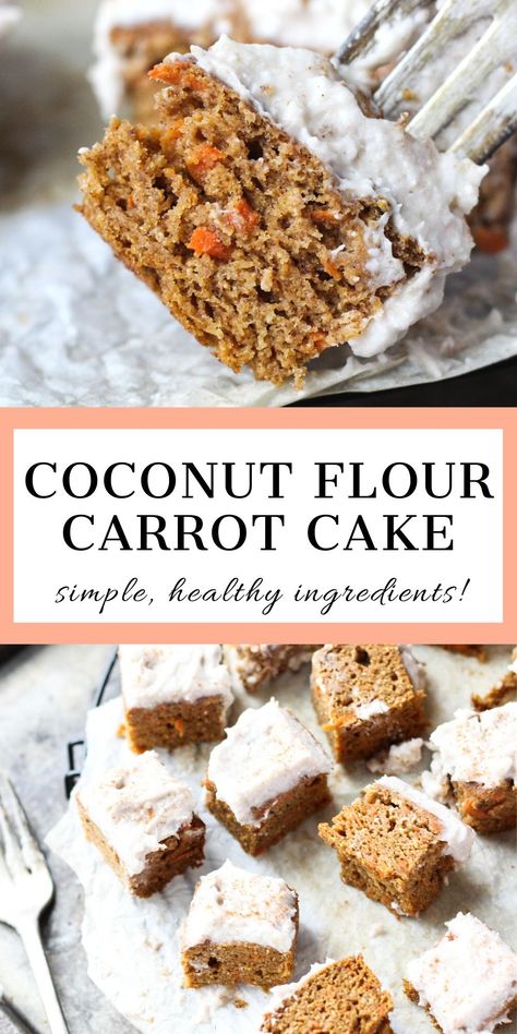 What's not to love about this Paleo Carrot Cake?! It's incredibly moist, has a kick of your favorite warming spices, and it's topped with a simple, dairy-free frosting! Plus it only takes about 20 minutes to put together, and less than an hour to bake. It's a great way to enjoy the classic flavors of carrot cake without grains, dairy, or refined sugars! (Only 6 grams of sugar per slice.) Coconut Flour Carrot Cake, Cake With Coconut Flour, Carrot Cake With Coconut, Cashew Frosting, Chocolate Coconut Slice, Coconut Cream Frosting, Paleo Carrot Cake, Carrot Cake Loaf, Clean Eating Dessert Recipes