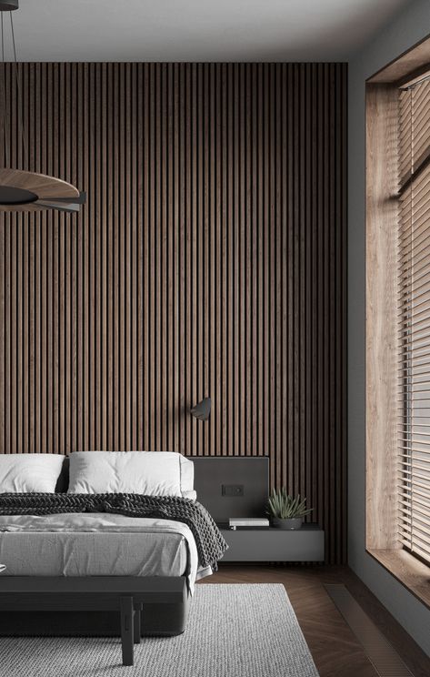 IRIDIUM on Behance Spavaca Soba, Small Condo, Wooden Wall Letters, Wood Slat Wall, Wall Panel Design, Black Headboard, Wall Panels Bedroom, Wooden Wall Panels, Space Style