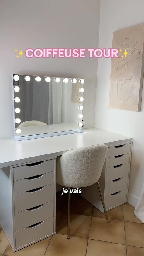 Marie Danede ✨ | Voici toute les références de ma coiffeuse : Meuble : IKEA - kit Alex + plan de travail 140cm Miroir : Amazon Hansong 80cm Chaise : Maison… | Instagram Alex Dressing Table, Ikea Makeup Table, Ikea Desk And Vanity, Ikea Kit, Ikea Room Ideas, Purple Bedroom Design, Ikea Vanity, Room Wishlist, Bedroom Ideas For Small Rooms Cozy