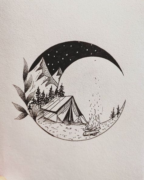 Nature Yin Yang Tattoo, Camping Tatoo, Camping Tattoo, Minimal Drawing, Adventure Tattoo, Arte Doodle, Nature Art Drawings, Mountains Landscape, Desenho Tattoo