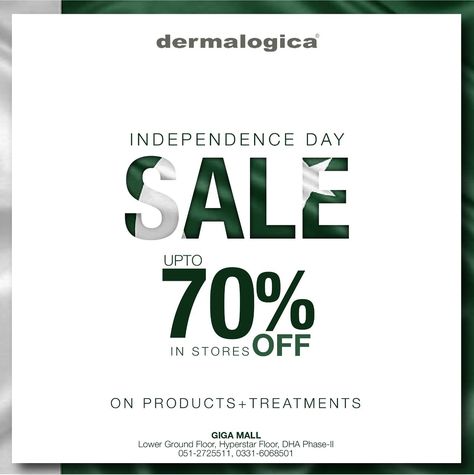 Azaadi Sale! Head over to Dermalogica outlet located on Lower Ground Floor and get up to 70% OFF on products and treatments. #GigaMall #GigaGroup #Alghurairagiga #Giga #Anewlifestyle #Dermalogica #AzaadiSale #IndependenceDay #Shopping #WTCPAK Azadi Sale, Wedding Illustration Card, White Friday, 14th August, Wedding Illustration, Design Graphics, Social Media Design Graphics, Media Design, Social Media Design