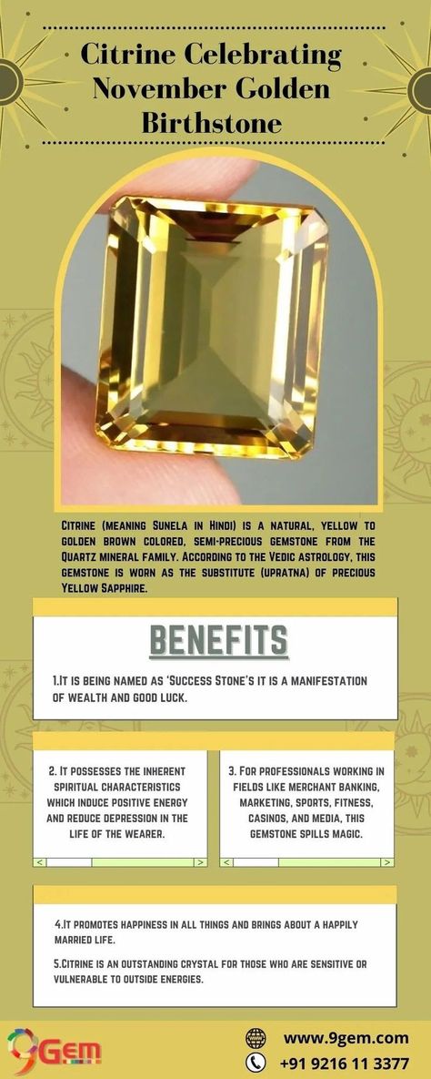 November's second birthstone, citrine, is a variety of quartz that ranges from pale yellow to brownish orange in color. In This infographic we will let you know about citrine gemstone and the benefits of wearing this gemstone. https://wa.me/919216116688 Citrine Meaning, Vedic Astrology, November Birthstone, Citrine Gemstone, Yellow Sapphire, Pale Yellow, Semi Precious Gemstones, Positive Energy, Brown Color