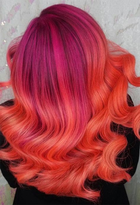 Red And Pink Hair, Sunset Hair Color, Pink Hairstyles, Pink And Orange Hair, Sunset Hair, Short Ombre Hair, Colourful Hair, Creative Hair Color, Beautiful Hair Color