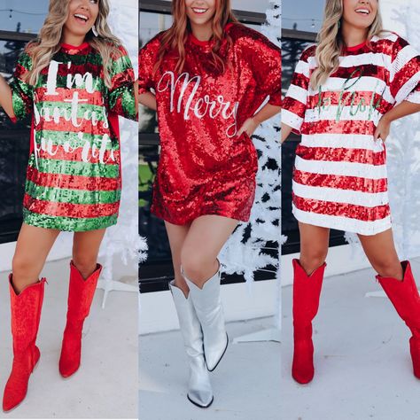 Xmas Women Outfit, Ugly Christmas Outfit Ideas, Christmas Sequin Outfit, Merry And Bright Christmas Outfit, Sparkly Christmas, Christmas Play Outfit Women, Christmas Concert Outfit Ideas, Matching Christmas Outfits Friends, Grinch Themed Christmas Party Outfit