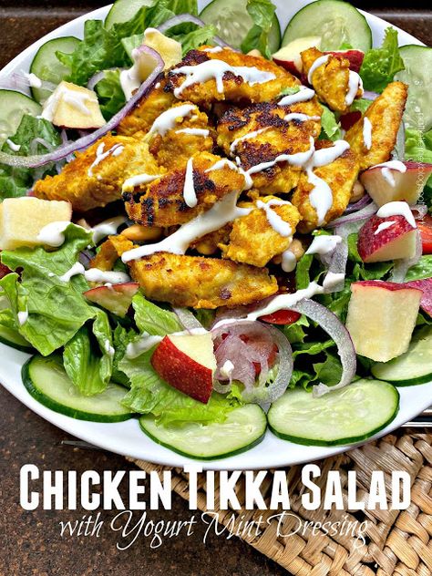 Olla-Podrida: Chicken Tikka Salad with Yogurt Mint Dressing Chicken Tikka Salad, Mint Dressing, Indian Salads, Chicken Tikka, Healthy Salad, Chicken Salad Recipes, Indian Dishes, Lifestyle Inspiration, Marinated Chicken