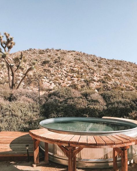 stock tank pool with wood deck with a view of the desert Stock Tank Pool Photoshoot, Stock Trough Pool, Trough Hot Tub, Water Tank Pool, Galvanized Stock Tank, Stock Tank Swimming Pool, Tank Swimming Pool, Cowboy Pool, Stock Pools