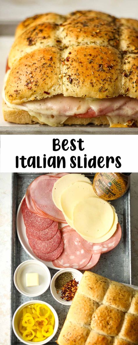 Our Best Italian Sliders are savory mini sandwiches packed with deli meats, melted provolone cheese, and a touch of butter - all nestled in soft, toasted slider buns. Your family and friends will love these tasty little sandwiches! Salami Recipes Appetizers, Mini Deli Sandwiches, Hot Italian Sliders, Sandwich Buns Recipe, Italian Sliders, Salami Sandwich, Easy Slider Recipes, Salami Recipes, Easy Slider