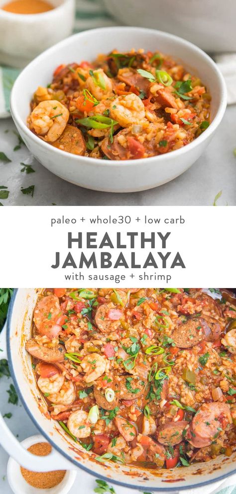 This healthy jambalaya recipe is a Whole30 and low carb version of an authentic Cajun dish. With sausage and shrimp, this paleo Creole recipe is even keto friendly, thanks to cauliflower rice! Surprisingly easy, too, and it comes together in a little less than an hour. #lowcarb #paleo #keto #healthyrecipes #whole30 Healthy Jambalaya Recipe, Dish With Sausage, Jambalaya Recipe Healthy, Healthy Jambalaya, Paleo Menu, Paleo Cookbook, Cajun Dishes, Jambalaya Recipe, Diner Recept