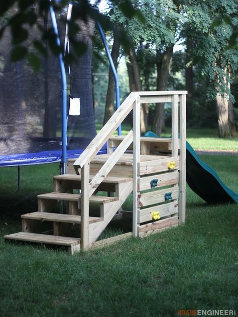 Trampoline Stairs with Slide - Free and Easy DIY Plans  | rogueengineer.com #TrampolineStairs #babyandchildDIYplans Stairs With Slide, Trampoline Stairs, Stair Slide, Backyard Trampoline, Diy Playground, Kids Outdoor Play, Outdoor Play Area, Diy Pool, Backyard Playground